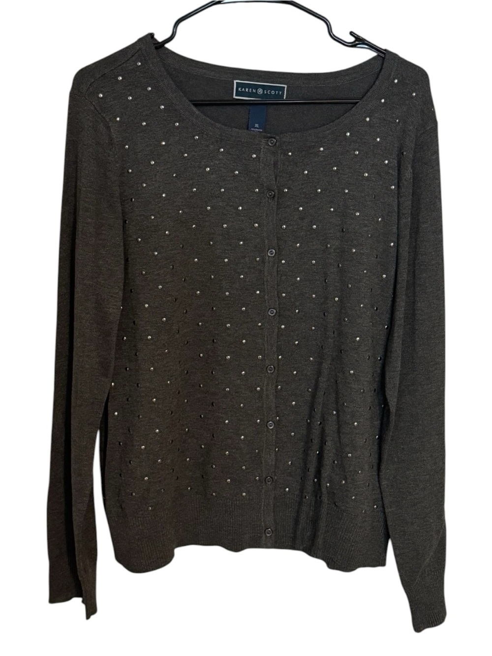 Karen Scott Cardigan Studded Button Sweater Womens XL Gray Comfort Chic NWT